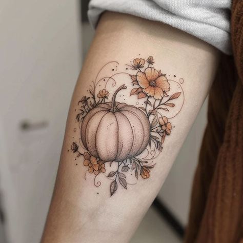 Craft your ink skill with our Pumpkin blueprint collection. A cup of tea price, design-time pleasure. Try our inexpensive monthly plan. Pumpkin Arm Tattoo, Fall Floral Tattoo Ideas, Flower Pumpkin Tattoo, Pumpkin And Leaves Tattoo, Small Pumpkin Tatoos, Harvest Tattoo Ideas, Pumpkin With Vines Tattoo, Watercolor Pumpkin Tattoo, Fall Themed Tattoos For Women