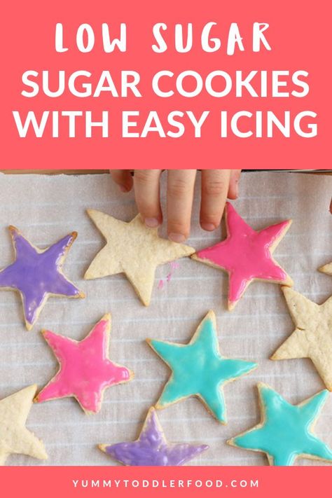 With just a few simple ingredients and a super easy process, you can make Healthy Sugar Cookies with great taste and texture and a LOT less sugar! #healthycookies #toddlerfood #holidaycookies #bakingwithkids #cookiesforkids #healthysugarcookies Toddler Recipe, Toddler Cookies, Healthy Sugar Cookies, Easy Icing, Kids Recipe, Gluten Free Sugar Cookies, Sugar Cookie Icing, Less Sugar, Easy Sugar Cookies