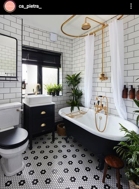 Tiny Bathroom With Bathtub, White Half Bathroom Ideas, White Half Bathroom, Black And White Half Bathroom, Clawfoot Tub Shower Combo, Claw Foot Tub Bathroom, Bohemian Decor Bathroom, Inspiring Bathrooms, Modern Victorian Bathroom