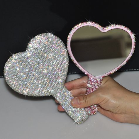 Luxury Diamond Hand Mirror Love Heart Mirror Female Handle Makeup Cosmetic Beauty Tools Handheld Make Up Mirror, Heart Mirror, Makeup Vanity Mirror, Handheld Mirror, Mini Hands, Luxury Diamonds, Heart Shaped Diamond, Arte Popular, Square Diamond