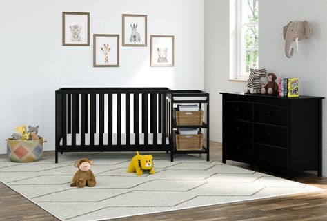 Pacific 4-in-1 Convertible Crib and Changer Combo Changing Pad Dresser, Crib And Dresser, Black Crib, Baby Cribs Convertible, Dresser Set, Dresser Design, Full Size Bed Frame, Nursery Modern, Toddler Mattress