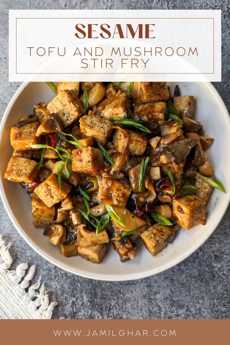 Sesame mushroom and tofu stir fry is an easy meal ready in 30 minutes! The crispy tofu stir fries with mushrooms in a homemade sesame sauce. Stir Fry Mushrooms, Miso Stir Fry Sauce, Mushroom And Tofu Recipes, Mushroom Tofu Recipe, Tofu And Mushroom Recipe, Tofu Mushroom Recipe, Vegetarian Kimchi, Tofu Mushroom, Sauteed Tofu