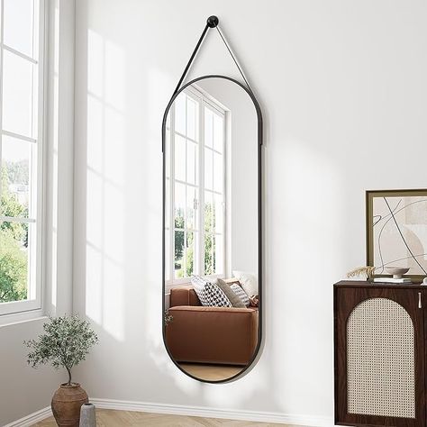 Amazon.com: ZMYCZ Full Length Mirror, Oval Wall Mounted Mirror, 48"x16" Door Mirror Full Length with Hanging Leather Strap, Wall Mirror Full Length with Aluminum Frame for Bathroom Living Room Entryway (Black) : Home & Kitchen Full Length Mirror In Bathroom Ideas, Mid Century Full Length Mirror, Unique Full Length Mirror, Oval Full Length Mirror, Full Length Mirror Entryway, Long Length Mirror, Bungalow Airbnb, Hallway Mirror Ideas, Door Hanging Mirror