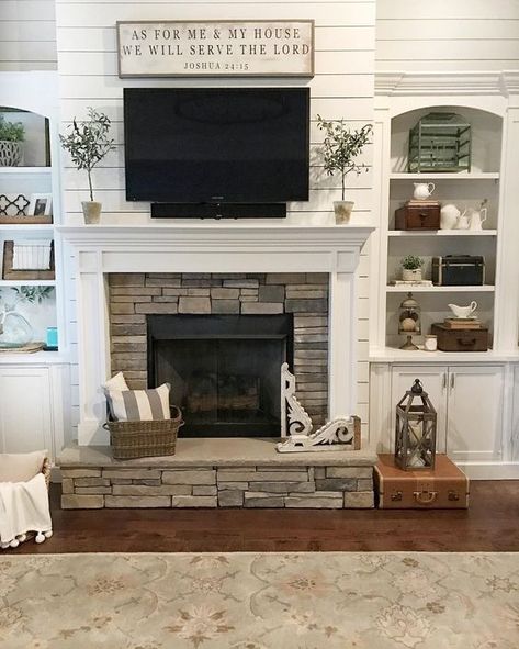 Ideas for Decorating Around a TV Over the Fireplace Mantel, shiplap white fireplace and mantel via Our Vintage Nest Mantle Farmhouse, Fireplace And Tv, Design Camino, Farmhouse Fireplace Decor, Above The Fireplace, Trendy Farmhouse, Farmhouse Style Living Room, Fireplace Mantel Decor, Farmhouse Fireplace