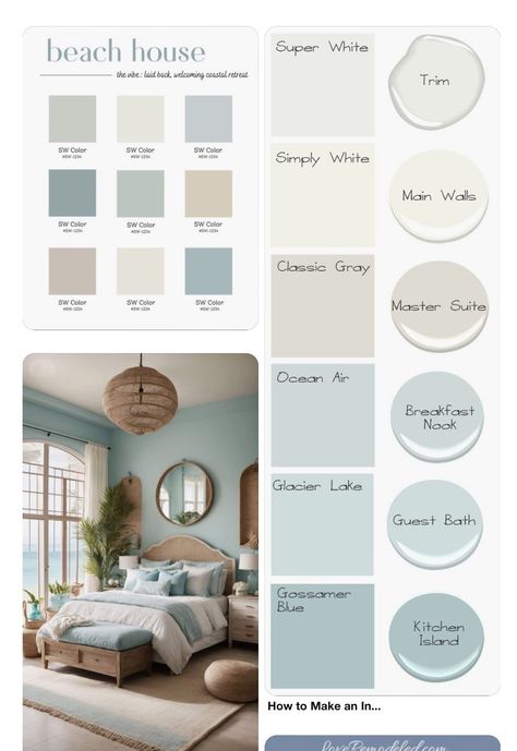 White Blue Walls, Modern Coastal Color Scheme, Blue And Cream Colour Palette, Beach Home Color Palette, 2024 Coastal Paint Colors, Coastal Color Pallet, Molding Paint Ideas, Light Blue Beach House, Coastal Colour Scheme