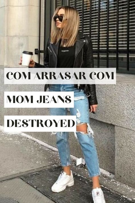 Criando pares perfeitos com t-shirts, croppeds, tênis e botas, a mom jeans destroyed permite looks com destaque sem perder o toque causal descomplicado... Jaqueta de couro, slogan t-shirt, mom jeans destroyed, tênis branco, buffalo shoes.  #momjeans #momjeansdestroyed #destroyed Destroyed Jeans Outfit, Outfit Bralette, Buffalo Shoes, Looks Adidas, Looks Jeans, Bralette Outfit, Jeans Destroyed, Jeans Claro, Slogan T Shirt