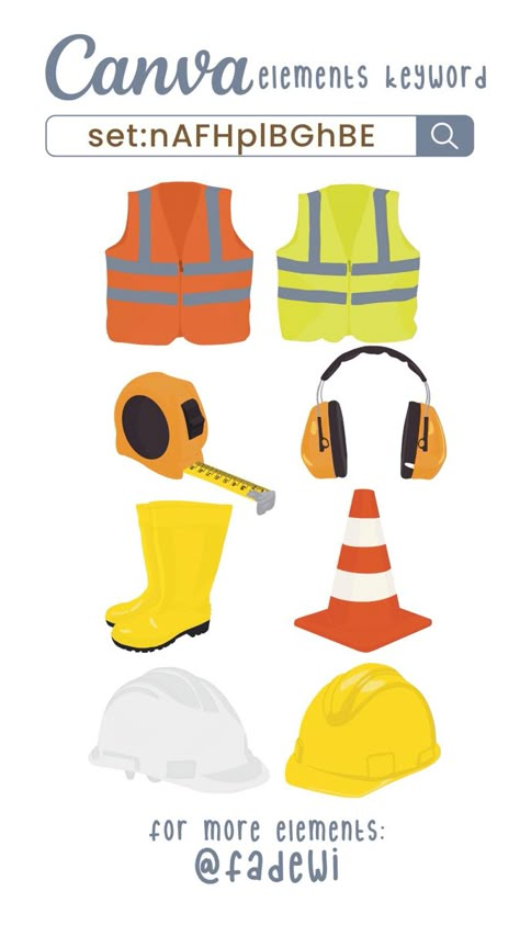 contruction clipart elements on Canva. Find hard hat, safety vest, traffic cone, hearing protection, safety boots, measuring tape Elements On Canva, Construction Clipart, Safety Infographic, Safety Pictures, Thank U Cards, Construction Hat, Eid Al Adha Greetings, Community Helpers Theme, Keyword Elements Canva