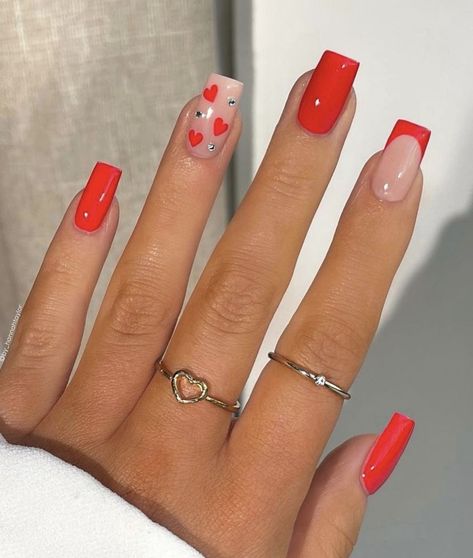 Heart Nails Inspiration, Red French Manicure Nails, Red Biab Nails, Red Heart Nail Designs, Nails Hearts, Inspector Calls, Nails Heart, Valentine Nail, French Manicures