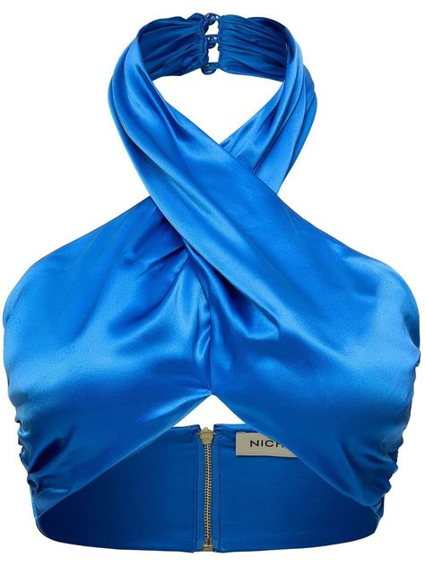 Halter Neck Wrap Top, Tequila Costume, Blusas Satin, Blue Satin Top, Blue Wrap Top, Silk Halter Top, Top Azul, Designer Tops For Women, Silk Crop Top