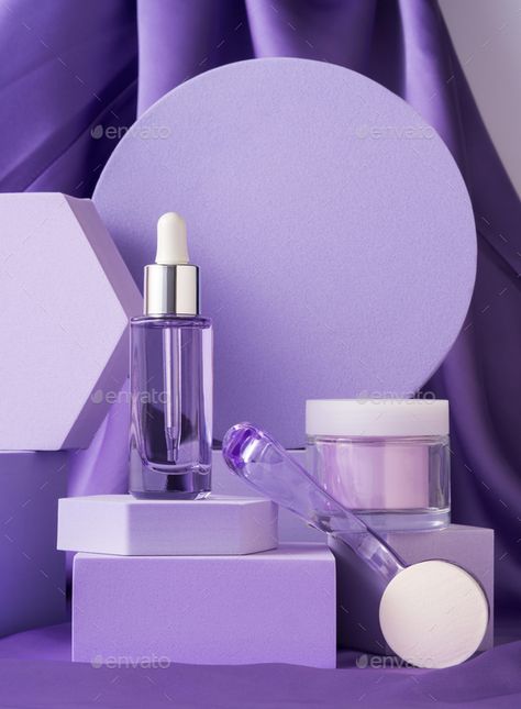 Purple Skincare Aesthetic, Purple Product Photography, Esthetician Lifestyle, Purple Cosmetics, Purple Skincare, Shape Photography, Vivienne Sabo, Serum Bottle, Organic Modern Style