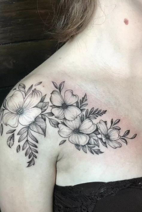 Dogwood Flower Tattoo, Floral Foot Tattoo, Dogwood Tattoo, Dogwood Flower Tattoos, Black Flowers Tattoo, Floral Tattoo Shoulder, Cross Tattoos For Women, Dogwood Flower, Flower Tattoo Shoulder