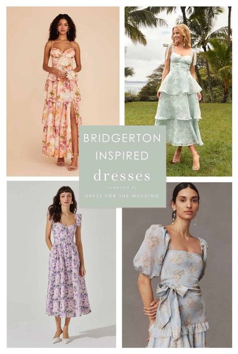 If you're looking for romantic Bridgerton-inspired dresses these modern Regencycore styles are perfect to wear to a wedding as a guest or bridesmaid, or to wear to your next wedding shower, brunch, or garden party event.  Over 50 beautiful styles hand picked by our editors. #bridesmaiddress #bridgertondress #bridgertonstyle #romanticdress #floraldress #weddingguestdress How To Dress Like Bridgerton, Bridgerton Wedding Guest Dress, Summer Garden Wedding Outfit Guest, Bridgerton Style Dresses, Garden Wedding Dress Guest What To Wear, Bridgerton Party Outfit Ideas, Bridgerton Inspired Dresses, Garden Wedding Guest Dress, Garden Party Outfit Dresses