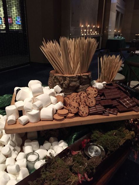 Smore Station Smores Table, Schnee Party, Gram Crackers, Smores Station, Smores Party, Graduation Party Desserts, Bonfire Party, Long Tables, Bbq Wedding