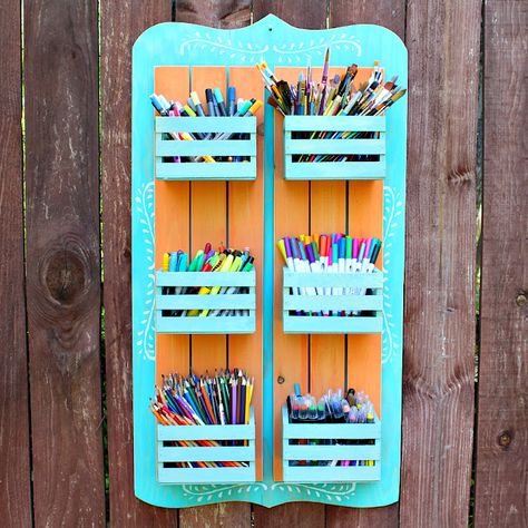 Diy Marker Storage, Art Supply Organizer, Desk And Table, Crate Crafts, Craft Room Organization Diy, Mini Crates, Craft Supply Storage, Dollar Store Diy Organization, Dollar Store Diy Projects