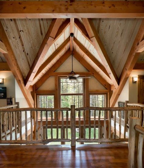 Stay warm and cozy in this airy loft with dynamic architecture. Douglas fir timber framing with traditional joinery and Knotty Alder trim. From Timberframe Horizo﻿﻿﻿﻿﻿ns in Fairview, North Carolina Alder Trim, Timber Frame Interior, Timber Frame Great Room, Custom Fireplace Mantels, Dynamic Architecture, Traditional Joinery, Calming Interiors, Frame Interior, Loft Ideas