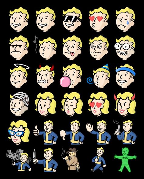 The faces of vault boy and vault girl! Fallout Pip Boy, Vault Girl Fallout Art, Pip Boy Wallpaper, Vault Boy Tattoo, Pipboy Fallout, Pip Boy Fallout, Fallout Character Art, Fallout Vault Girl, Fallout Tattoo Ideas