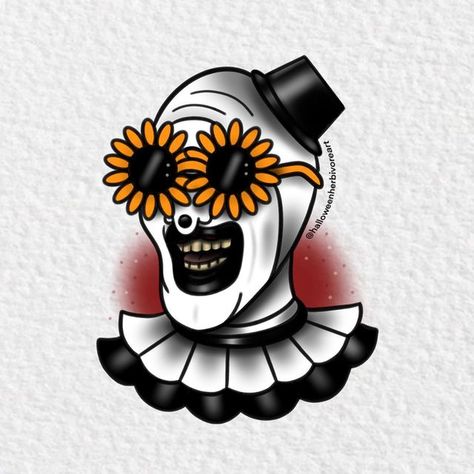 Saw Flash Tattoo, Art Terrifier Tattoo, Art The Clown Terrifier Tattoo Design, Terrifier Tattoo Ideas, Horror Icon Tattoos, Horror Tattoos Traditional, The Terrifier Tattoo, Art The Clown Drawing Terrifier, Art The Clown Art