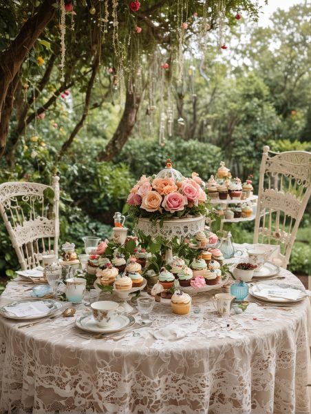 Woodsy Tea Party, Fairycore Tea Party, Birthday Table Setting Ideas, Cottage Couture, Birthday Table Setting, Rustic Tea Party, Tea Party Tablescape, 17 Birthday, Vintage Garden Parties