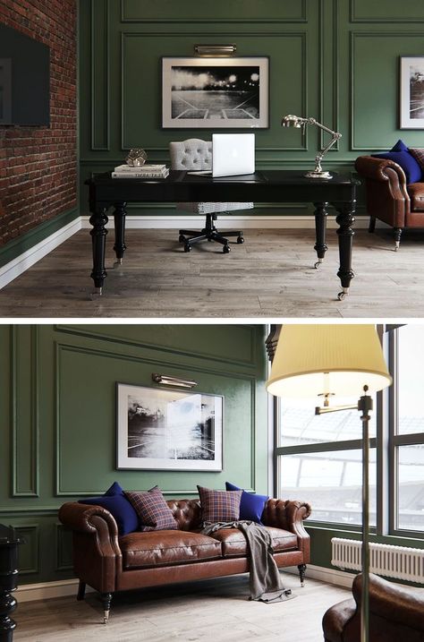 English Style Office, Green Chesterfield, English Style House, Classic Office Interior, English Interior Design, Leather Couches, Interior Kantor, Office Space Design, Classic Office