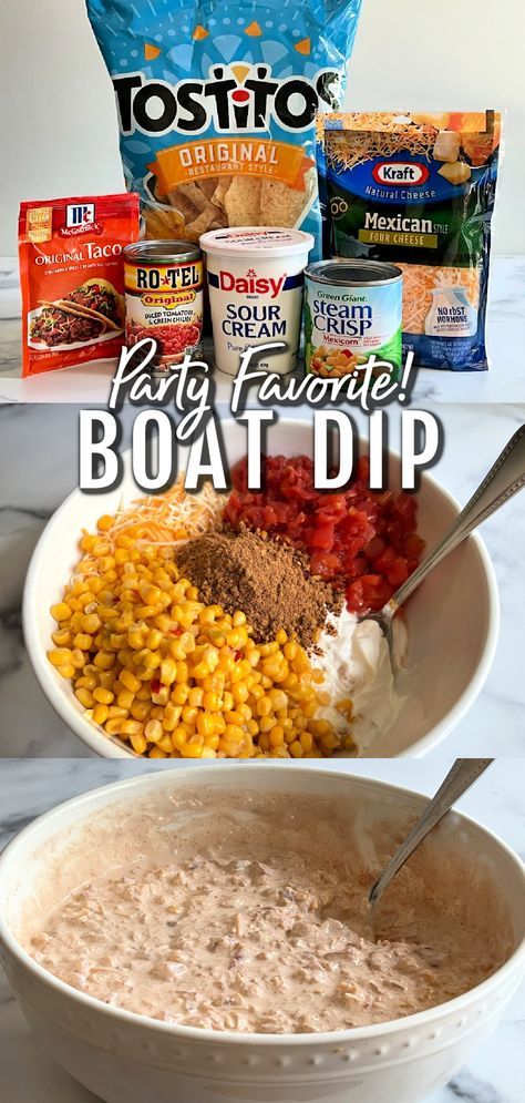 EASY BOAT DIP - Only 5 ingredients to make this fantastic VIRAL DIP  – Sour cream, Rotel (tomatoes and diced green chilies), shredded cheese, corn and a packet of your favorite taco seasoning mix. Sure to be a hit! Always an empty bowl and requests for the recipe! Boat Dip Recipe, Chili Cream Cheese Dip, Chocolate Appetizers, Sour Cream Dip Recipes, Boat Dip, Easy Boat, Cold Dip Recipes, Corn Dip Recipes, Taco Seasoning Mix