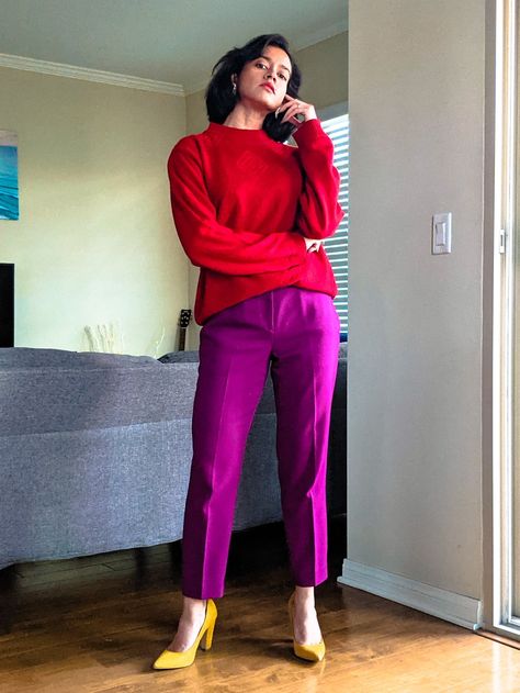 Red And Magenta Outfit, Magenta And Purple Outfit, Bright Red Pants Outfit, Magenta Outfit Color Combos, Fuschia Pants Outfit, Fuscia Pants Outfit, Magenta Pants Outfit, Viva Magenta Outfit, Magenta Outfit Ideas