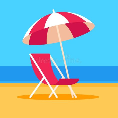 Beach scene with chair and umbrella. Summer vacation vector illustration. Beach scene with umbrella and beach chair, flat cartoon style stock illustration Deck Chair Illustration, Beach Chair Drawing, Beach Umbrella Illustration, Beach Chair Illustration, Beach Umbrella Drawing, Beach Umbrella Art, Vacation Illustration, Friday Illustration, Umbrella Coloring Page