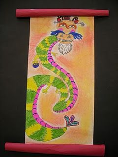 Chinese Dragons - I needed a change to my dragon project, this is it :) Fourth Grade Art, Asian Art Projects, Dragon Scroll, Multi Cultural Art, Chinese New Year Celebration, Elementary Art Rooms, Chinese Dragons, Chinese New Year Crafts, 2nd Grade Art