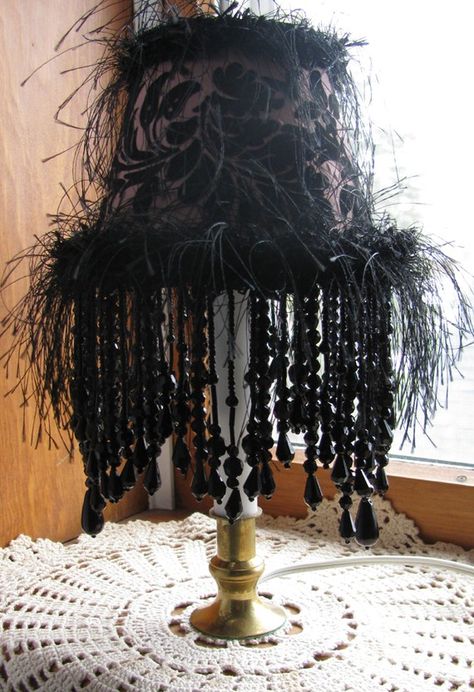 Feathered Lampshade, Goth Crafts, Feather Boas, Gothic Interior, Shabby Chic Lamp Shades, Beaded Lampshade, Repurposed Lamp, Antique Lamp Shades, Beaded Lamps