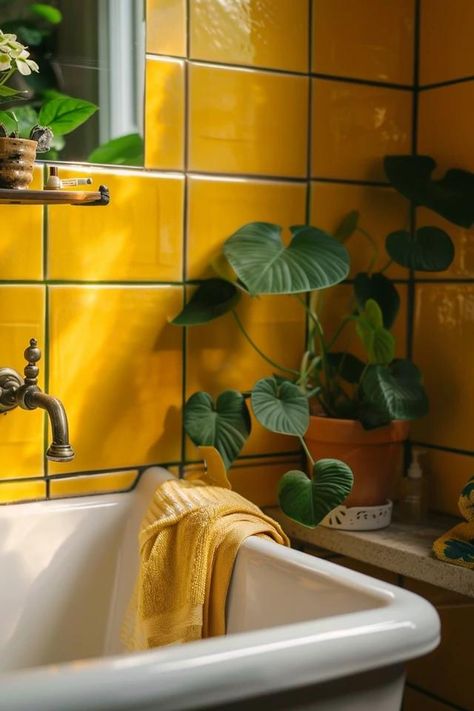 How To Decorate A Vintage Yellow Tile Bathroom: Retro Styling Bathroom With Yellow Tile, Vintage Yellow Tile Bathroom, Small Yellow Bathroom, Yellow Tile Bathroom Ideas, Yellow Tile Bathroom, Medium Bathroom, Vintage Yellow Bathroom, Yellow Bathroom Tiles, Yellow Bathroom Ideas