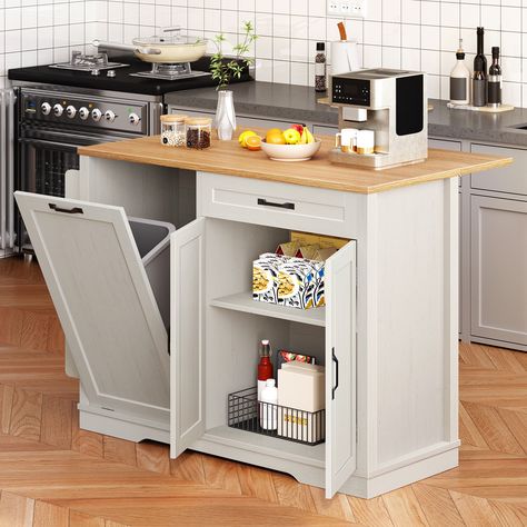 Upgrade your kitchen with our Modern Rolling Kitchen Island. This versatile piece features a trash can storage cabinet, drop leaf for extra space, all in a stylish white finish. Enhance your kitchen today! Kitchen Island With Trash, Trash Can Storage, Brown Countertop, Mobile Kitchen Island, Trash Can Cabinet, Rolling Kitchen Cart, Kitchen Island On Wheels, Rolling Kitchen Island, Island Table