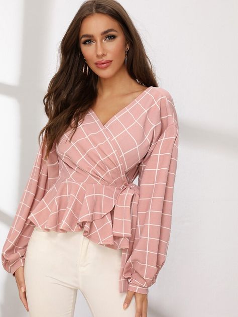 Lantern Sleeve Wrap Belted Peplum Grid Top | SHEIN USA Blouse Peplum, Spring Blouses, Wrap Belt, Peplum Blouse, Long Sleeve Plaid, Wrap Blouse, Lantern Sleeve, Lantern Sleeves, Peplum Top