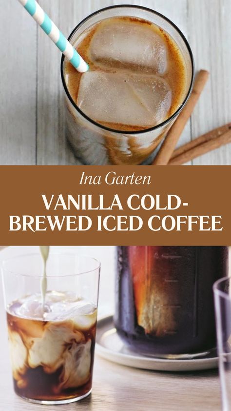 Ina Garten Vanilla Cold-brewed Iced Coffee Honey Iced Coffee Recipe, Coffee Extract Recipes, Javy Coffee Recipes, Easy Iced Coffee Recipe, Vanilla Cold Brew, Vanilla Iced Coffee Recipe, Homemade Iced Coffee Recipe, Easy Iced Coffee, Coffee In A Cone