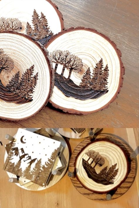 Add a touch of nature-inspired elegance to your living space with these engraved, wood, round, tree-slice coasters featuring intricate mountain and forest scenes with both pine trees and oak. Each coaster is handcrafted and engraved onto real wood tree slices for a unique and rustic charm. These 4-inch coasters not only serve as functional drink holders but also as exquisite pieces of art that bring the outdoors into your home. PERSONALIZATION AVAILABLE Coaster holder also available! Mountain And Forest, Wood Tree Slice, Tree Slice, Mountain Decor, Tree Slices, Coaster Holder, Forest Mountain, Wood Tree, Engraved Wood