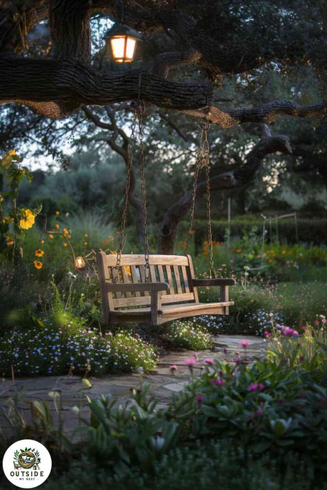 Swing into relaxation with this rustic garden bench, nestled among wildflowers. Perfect for those tranquil moments outdoors. Click to discover more unique bench ideas for your garden oasis. Secluded Garden Seating, Bench Landscaping Ideas, Swings In Garden, Swing In Garden, Unique Backyard Ideas, Backyard Swing Ideas, Garden With Bench, Bench In Garden, Diy Pallet Bench