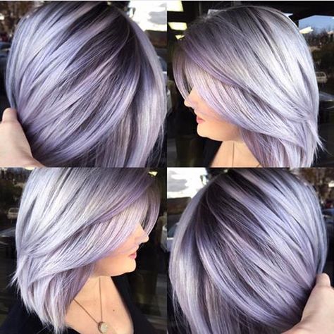 Silver lavender hair color with dark base and layered bob haircut by Brittnie Garcia. hotonbeauty.com Silver Hair With Lavender Highlights, Gray Hair With Purple Highlights Over 50, Silver Hair Bob, Silver Lavender Hair, Gray Highlights, Lavender Hair Colors, Colourful Hair, Purple Highlights, Shorter Hair