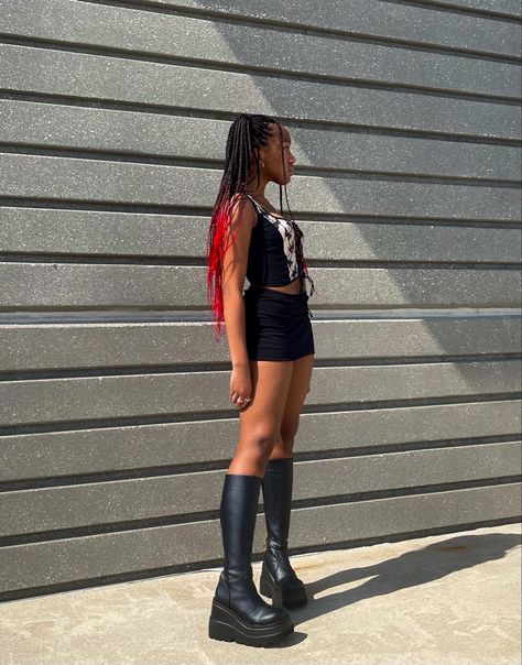 2000’s outfit 90’s baddie demonias shaker 100 demonia yesstyle shein red hair knotless box braids black girl fashion aesthetic silver jewelry Baddie Red Outfits, Demonia Shaker 100 Outfit, Outfits With Demonia Boots, Knotless Box Braids Black, Demonia Boots Outfit, Demonia Shaker 100, Demonia Outfit, Aesthetic Silver Jewelry, Demonia Shaker