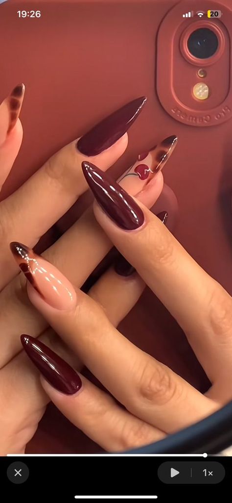 Fall Nails Cherry Mocha, Maroon Leopard Nails, Fall Acrylic Nails Burgundy, Almond Cherry Mocha Nails, Oval Burgundy Nails, Red Wine Nails Acrylic, Burgundy Nails Christmas, Mocha Cherry Nails, Cherry Wine Nails With Design