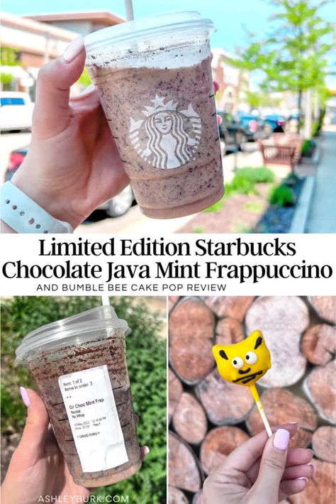 Have you tried the new Chocolate Java Mint Frappuccino? It's pretty tasty! As usual, I made a few alterations and of course, had to try the new Starbucks Bumblebee Cake Pop. If you haven't see it yet my article is a must-read. That little cake on a stick has caused quite a stir online! Mint Chocolate Chip Starbucks Drink, Starbucks Chocolate Java Mint Recipe, Starbucks Cookie Dough Frappuccino, Chocolate Java Mint Frappuccino, Cake On A Stick, Bumblebee Cake, S’more Frappuccino Starbucks, Starbucks Vanilla Frappuccino Bottle, Bee Cake Pops