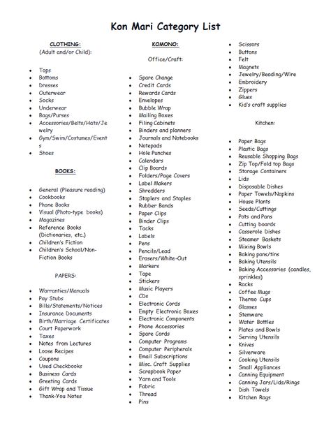 KM Categories.doc KonMari Maria Kondo, Konmari Checklist, Kon Mari, Konmari Organizing, Konmari Method, Dress Up Day, Marie Kondo, Organize Declutter, Spirit Week