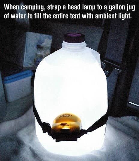 Point a head lamp into a jug of water for an instant lantern. 41 Camping Hacks That Are Borderline Genius Camping Hacks With Kids, Camping Ideas For Couples, Camping Diy Projects, Camping Things, Coleman Camping Stove, Camping Bedarf, Auto Camping, Tent Camping Hacks, Camping Accesorios