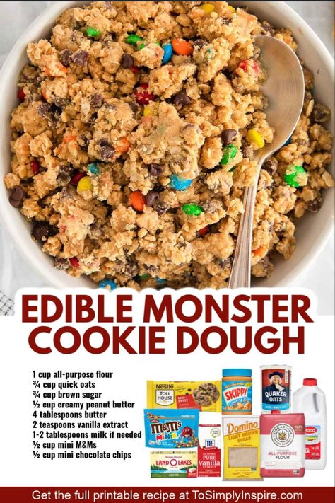 Edible Batter, Cute Desert Ideas, Edible Monster Cookie Dough, Edible Chocolate Chip Cookie Dough, Monster Cookie Dough, Edible Recipes, Edible Cookie Dough Recipe, Cookie Dough Recipe, Monster Cookie