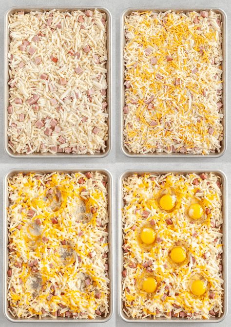 This Sheet Pan Breakfast Bake has everything you need for a tasty breakfast all on a single sheet pan! Eggs, hash browns, cheese, and ham! Sheet Pan Egg Meal Prep, Sheet Pan Egg In A Hole, Sheet Pan Eggs And Hashbrowns, Sheet Pan Hashbrown Breakfast Bake, One Sheet Pan Breakfast, Breakfast Casserole 9x9 Pan, Pan Sheet Eggs, Eggs On Cookie Sheet In Oven, Sheet Pan Breakfast Casserole