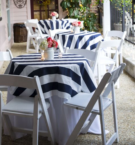 Nautical Engagement Party*Angela Marie Events*Baton Rouge, LA #stripedtableclothes #premierfabrics #nauticalparty Yacht Rock Party Decor, Nautical Engagement Party, Navy Tablescape, Sailboat Party, Coastal Party, Sailor Party, Food Tables, Block Island Wedding, Blue And Blush Wedding