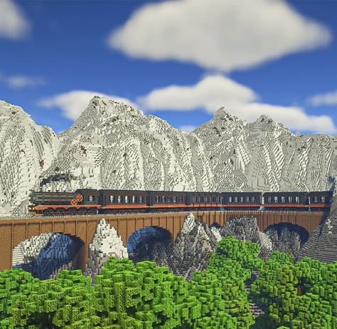 Minecraft Train Bridge, Minecraft Building Ideas Snow, Minecraft Ice Builds, Minecraft Christmas Village, Minecraft Train, Minecraft World Ideas, Ice Palace, Voxel Art, Minecraft Christmas