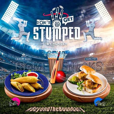 Keep your hunger at bay and cheer your team all the way! Whether you're a Vada Pav fanatic or a Mirchi Bada enthusiast, savour your cravings and support your favourite IPL team. So which side are you, then? #BeyondTheBoundary #TATAIPL #RRvsMI #HallaBol #GameOnShorOn #IPL2023 #CricketMania #WhatsOnTheMenu #Rajasthan #Mumbai #RajasthanTourism Posters Layout, Cricket Poster, Graphic Design Posters Layout, Food Cafe, Adobe Illustrator Graphic Design, Gym Interior, Photoshop Tutorial Design, Ganesh Images, Food Graphic Design