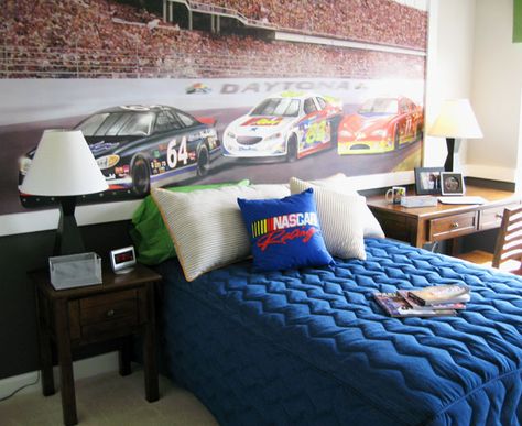 NASCar Bedroom Designed & Furnished by Ruby Gordon Furniture Nascar Bedroom Ideas, Nascar Room, Brooklyn Bedroom, Themed Bedroom Ideas, Sons Room, Townhouse Ideas, Boy Rooms, Nascar Race, Themed Bedroom