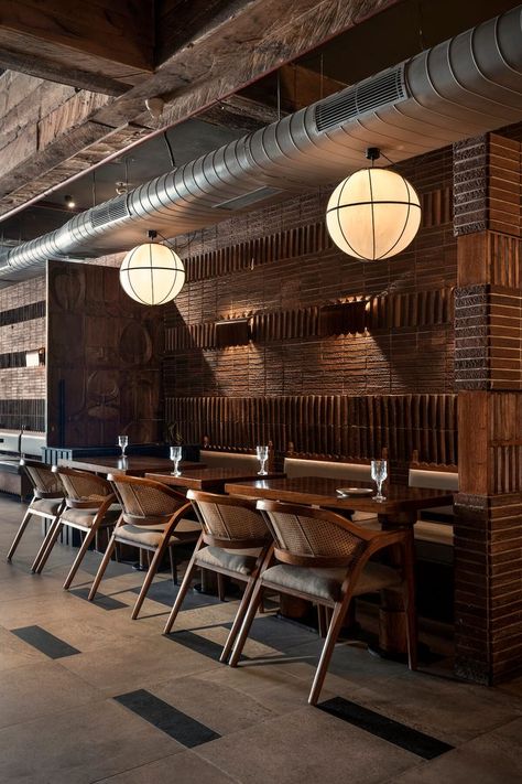 Industrial Restaurant Interior, Bohemian Restaurant, Bamboo Chandelier, Industrial Restaurant, Rustic Restaurant, Restaurant Lighting, Vernacular Architecture, Loop Design, Ceiling Installation