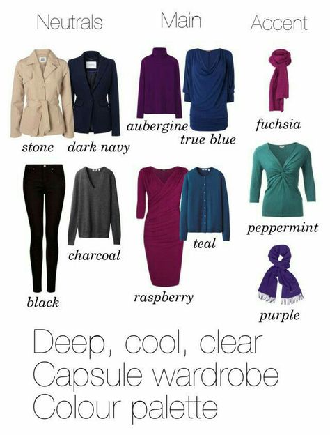 Deep Winter Outfits Capsule Wardrobe, Deep Winter Capsule Wardrobe, Deep Winter Palette Outfits, Color Analysis Winter, True Winter Color Palette, Winter Skin Tone, Deep Winter Palette, Cool Winter Color Palette, Drapey Dress