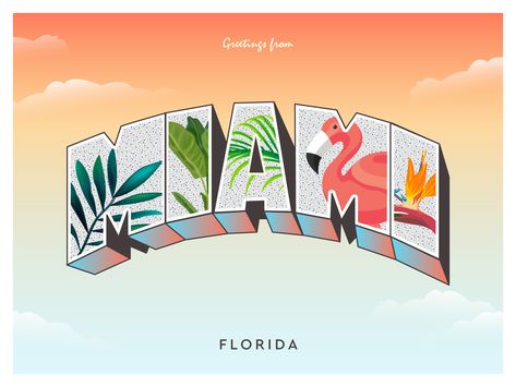 Miami Graphic Design, Miami Drawing, Miami Postcard, Florida Graphic Design, Miami Branding, Miami Illustration, Letters Illustration, Miami Logo, Tv Gallery Wall