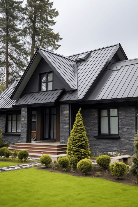 Minimalist Exterior House, Modern Minimalist Exterior, Metal Roof Houses Color Combos, Tin Roof House, Modern Exterior House, Minimalist Exterior, Black Metal Roof, Green Siding, Metal Roof Houses